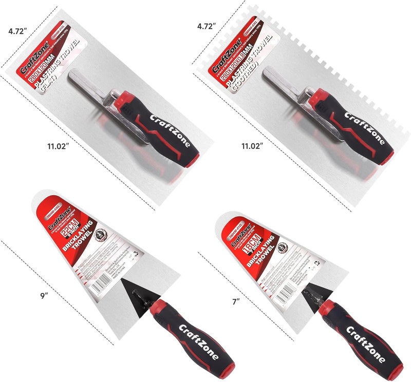 CRAFTZONE 4 Pieces Concrete & Trowel Masonry Set - High Carbon Steel Plastering | Bricklaying Tools for Drywall Asphalt - Includes Flat & Notched Trowels & 7"/9" Brick Trowels with Soft Grip Handle - Image 2